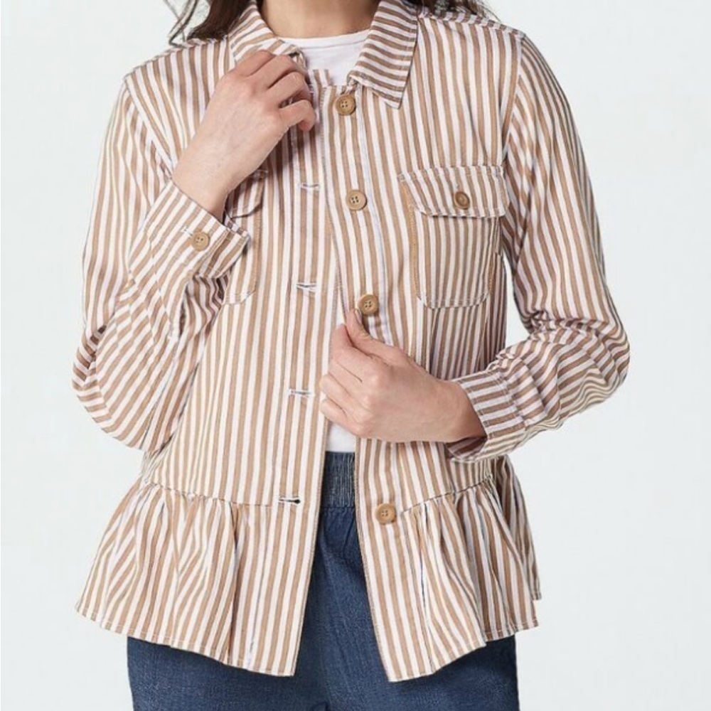 Nwt D & Co. Bronze & White Stripes Peplum Point Collar Chest Pockets Button Down
